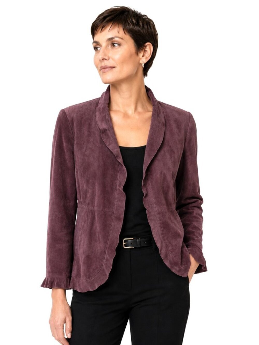 Anne Klein Purple Suede Ruffled Trim Open Jacket